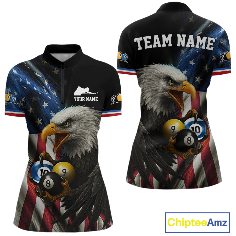 Personalized American Flag Eagle Pool Jersey For Women Custom Billiard 8, 9 & 10 Ball Team Shirt TDM5013