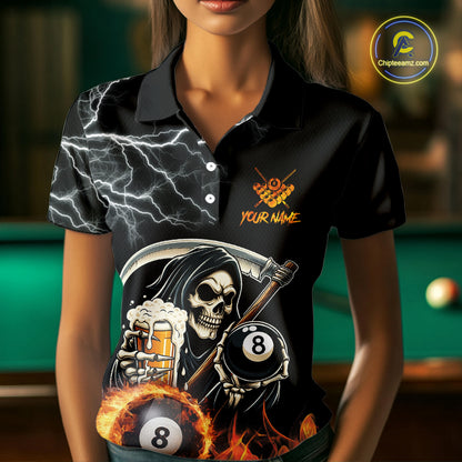 Personalized Grim Reaper Pool And Beer Flame Billiard Shirt For Women, Funny 8 Ball Pool Team Jersey TDM5014