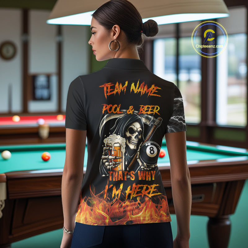 Personalized Grim Reaper Pool And Beer Flame Billiard Shirt For Women, Funny 8 Ball Pool Team Jersey TDM5014