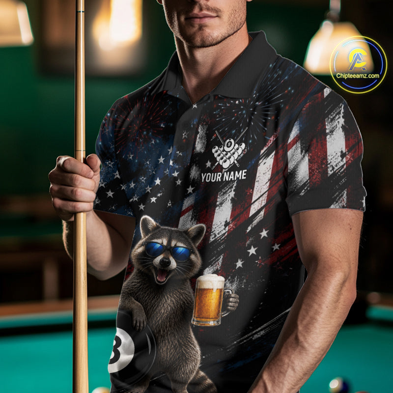 Funny Raccoon Grunge American Flag Billiard Jersey For Men Custom Patriotic 8 Ball Pool Team Shirt TDM7904