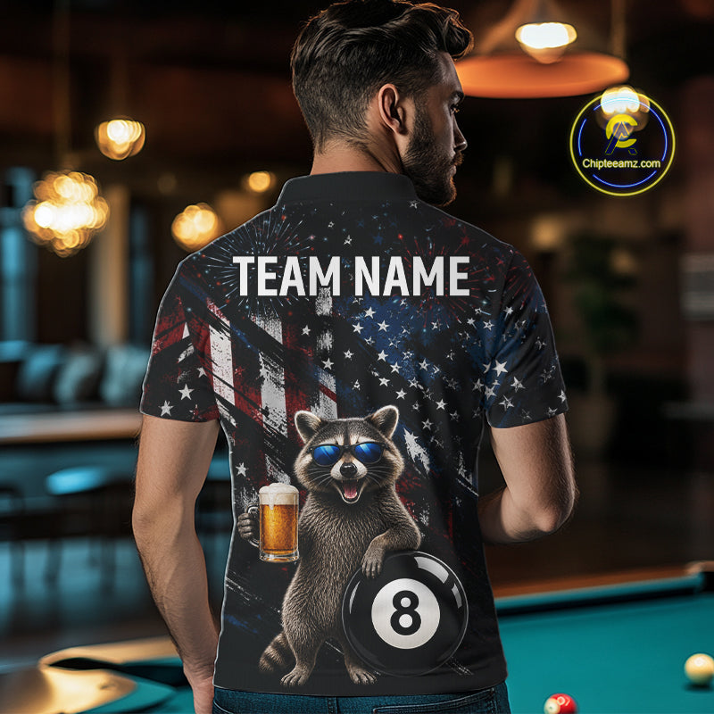 Funny Raccoon Grunge American Flag Billiard Jersey For Men Custom Patriotic 8 Ball Pool Team Shirt TDM7904