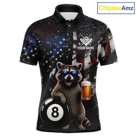 Funny Raccoon Grunge American Flag Billiard Jersey For Men Custom Patriotic 8 Ball Pool Team Shirt TDM7904