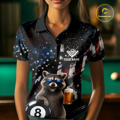 Funny Raccoon Grunge American Flag Billiard Jersey For Women Custom Patriotic 8 Ball Pool Team Shirt TDM7904