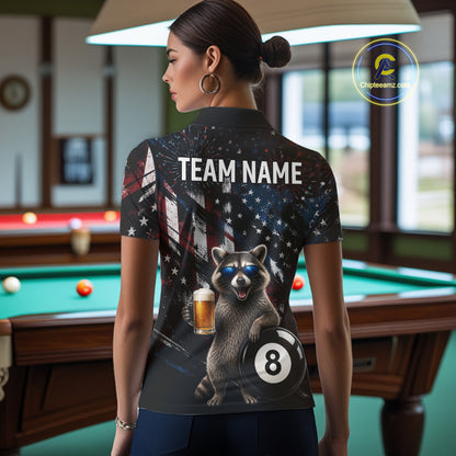 Funny Raccoon Grunge American Flag Billiard Jersey For Women Custom Patriotic 8 Ball Pool Team Shirt TDM7904