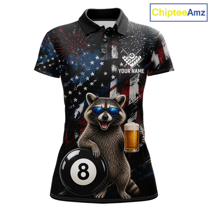 Funny Raccoon Grunge American Flag Billiard Jersey For Women Custom Patriotic 8 Ball Pool Team Shirt TDM7904