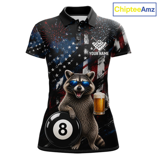 Funny Raccoon Grunge American Flag Billiard Jersey For Women Custom Patriotic 8 Ball Pool Team Shirt TDM7904