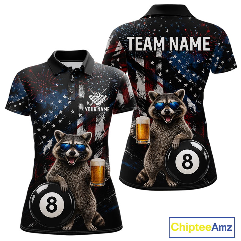 Funny Raccoon Grunge American Flag Billiard Jersey For Women Custom Patriotic 8 Ball Pool Team Shirt TDM7904