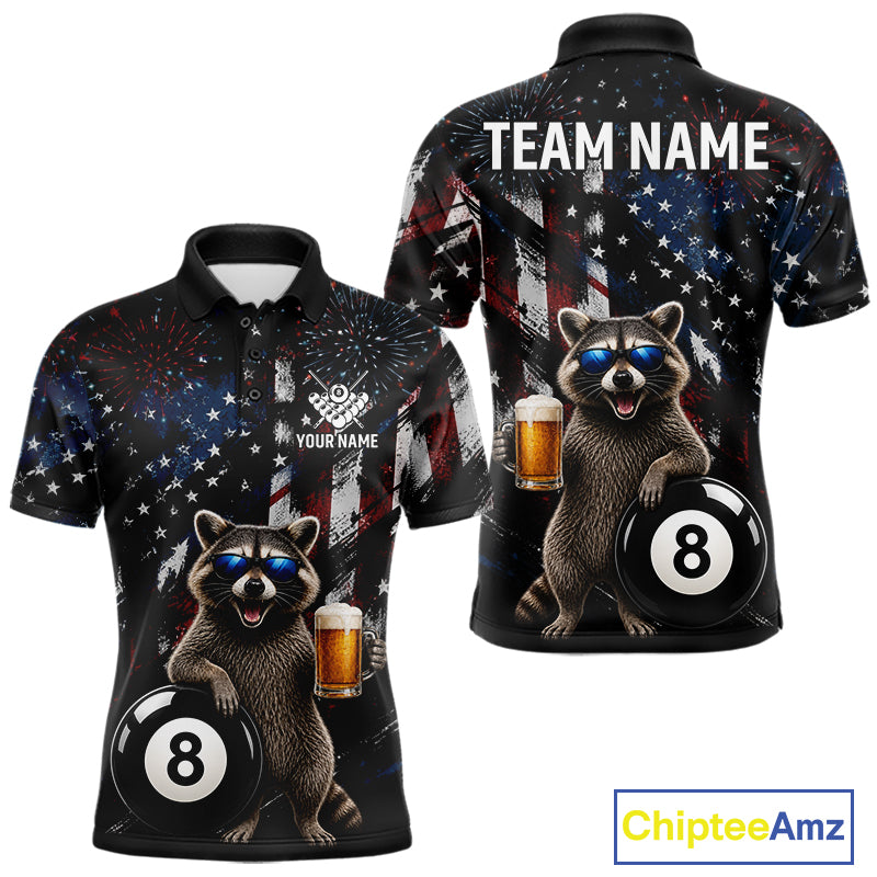 Funny Raccoon Grunge American Flag Billiard Jersey For Men Custom Patriotic 8 Ball Pool Team Shirt TDM7904