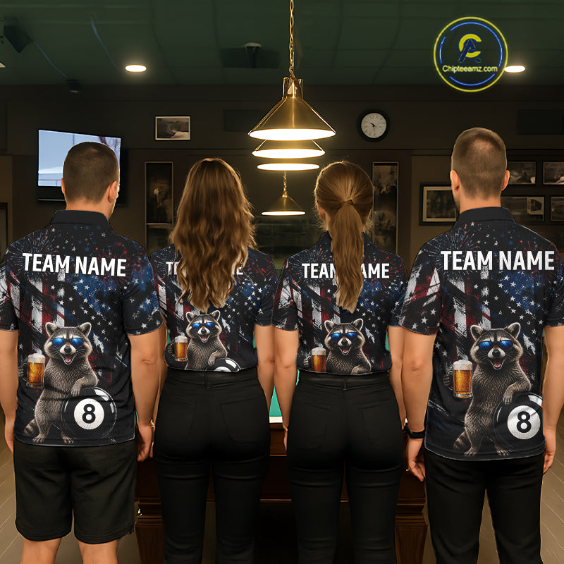 Funny Raccoon Grunge American Flag Billiard Jersey For Men Custom Patriotic 8 Ball Pool Team Shirt TDM7904