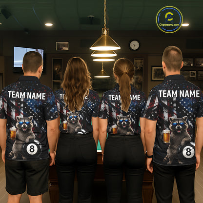 Funny Raccoon Grunge American Flag Billiard Jersey For Men Custom Patriotic 8 Ball Pool Team Shirt TDM7904