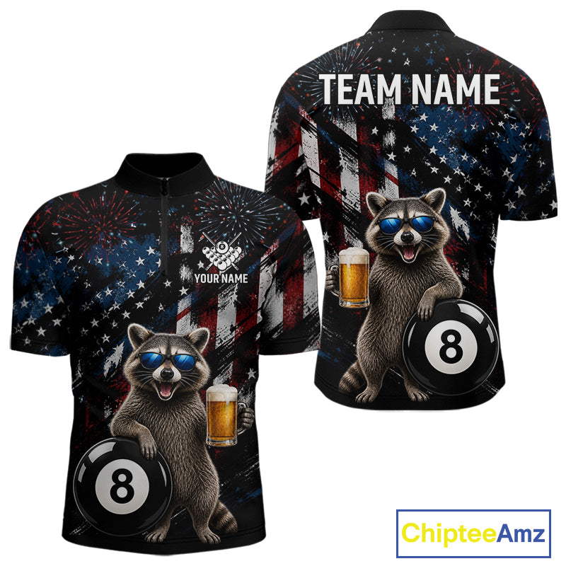 Funny Raccoon Grunge American Flag Billiard Jersey For Men Custom Patriotic 8 Ball Pool Team Shirt TDM7904