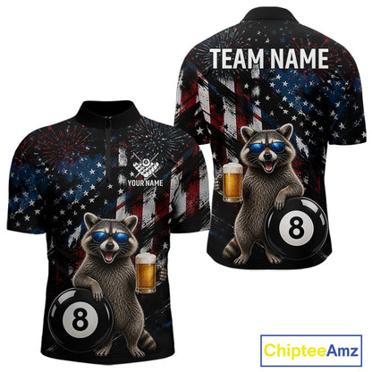 Funny Raccoon Grunge American Flag Billiard Jersey For Men Custom Patriotic 8 Ball Pool Team Shirt TDM7904
