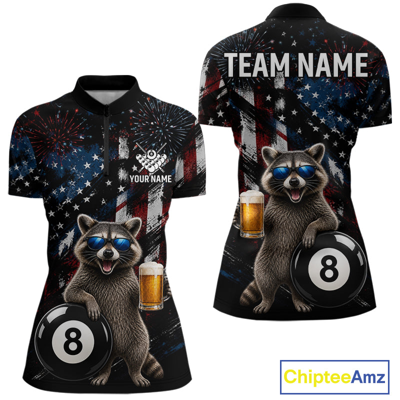 Funny Raccoon Grunge American Flag Billiard Jersey For Women Custom Patriotic 8 Ball Pool Team Shirt TDM7904