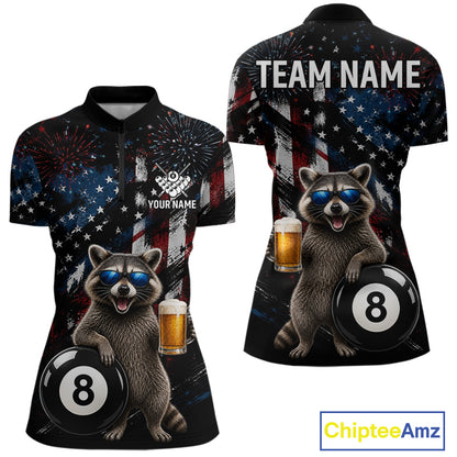 Funny Raccoon Grunge American Flag Billiard Jersey For Women Custom Patriotic 8 Ball Pool Team Shirt TDM7904