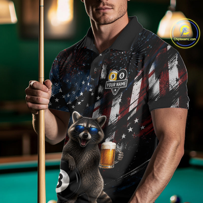 Funny Raccoon Grunge American Flag Billiard Jersey For Men Custom 8 Ball & 9 Ball Pool Team Shirts TDM7905