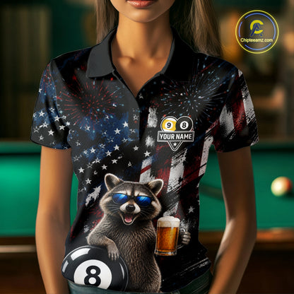 Funny Raccoon Grunge American Flag Billiard Jersey For Women Custom 8 Ball & 9 Ball Pool Team Shirts TDM7905