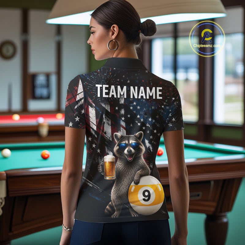 Funny Raccoon Grunge American Flag Billiard Jersey For Women Custom 8 Ball & 9 Ball Pool Team Shirts TDM7905