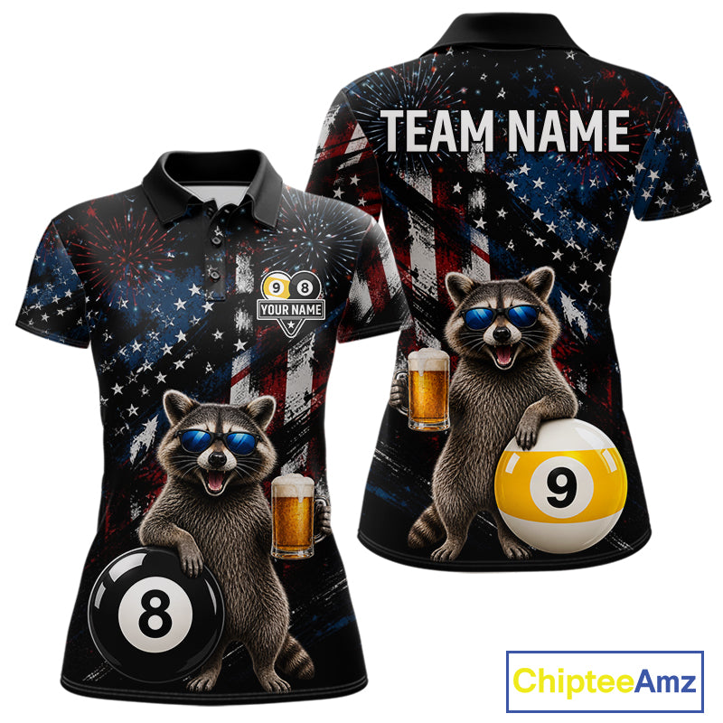 Funny Raccoon Grunge American Flag Billiard Jersey For Women Custom 8 Ball & 9 Ball Pool Team Shirts TDM7905