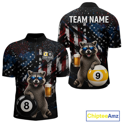 Funny Raccoon Grunge American Flag Billiard Jersey For Men Custom 8 Ball & 9 Ball Pool Team Shirts TDM7905