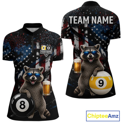 Funny Raccoon Grunge American Flag Billiard Jersey For Women Custom 8 Ball & 9 Ball Pool Team Shirts TDM7905