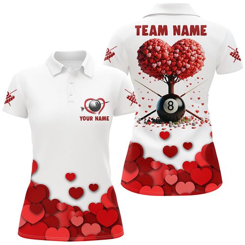 Valentine 8 Ball Pool With Red Hearts Tree Women Polo Shirts, Custom Billiard Valentines Sport Shirts TDM0923