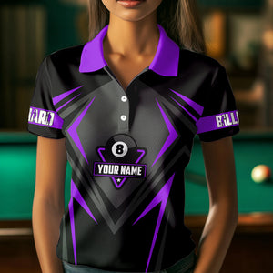 Black And Purple 8 Ball Pool Billiard Jerseys For Women Custom Polo & Quarter Zip Billiard Team Shirt TDM3437