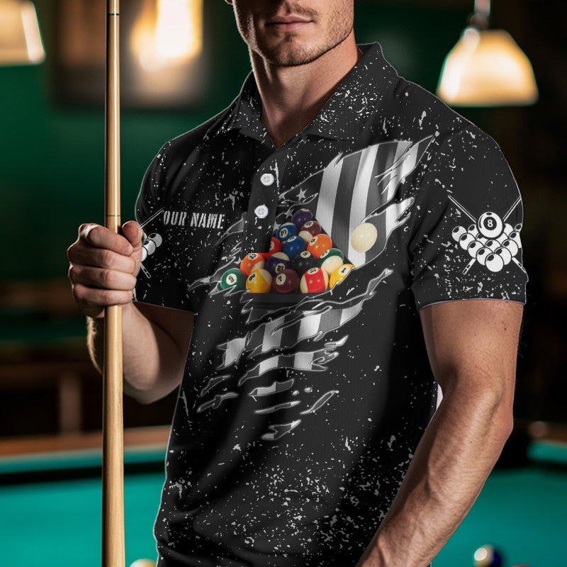 Personalized Black Grunge US Flag Billiard Balls Polo, 1/4 Zip For Men, 8 Ball Pool Billiard Jersey TDM3573