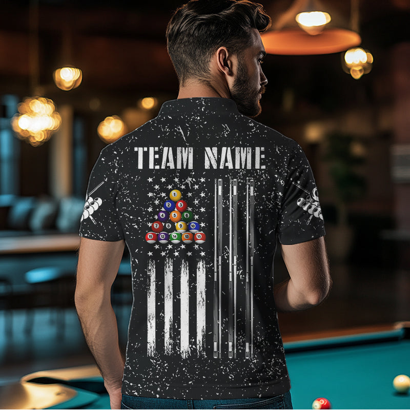 Personalized Black Grunge US Flag Billiard Balls Polo, 1/4 Zip For Men, 8 Ball Pool Billiard Jersey TDM3573