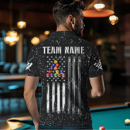 Personalized Black Grunge US Flag Billiard Balls Polo, 1/4 Zip For Men, 8 Ball Pool Billiard Jersey TDM3573