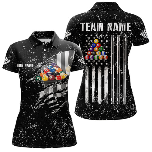 Personalized Black Grunge US Flag Billiard Balls Polo, 1/4 Zip For Women, 8 Ball Pool Billiard Jersey TDM3573