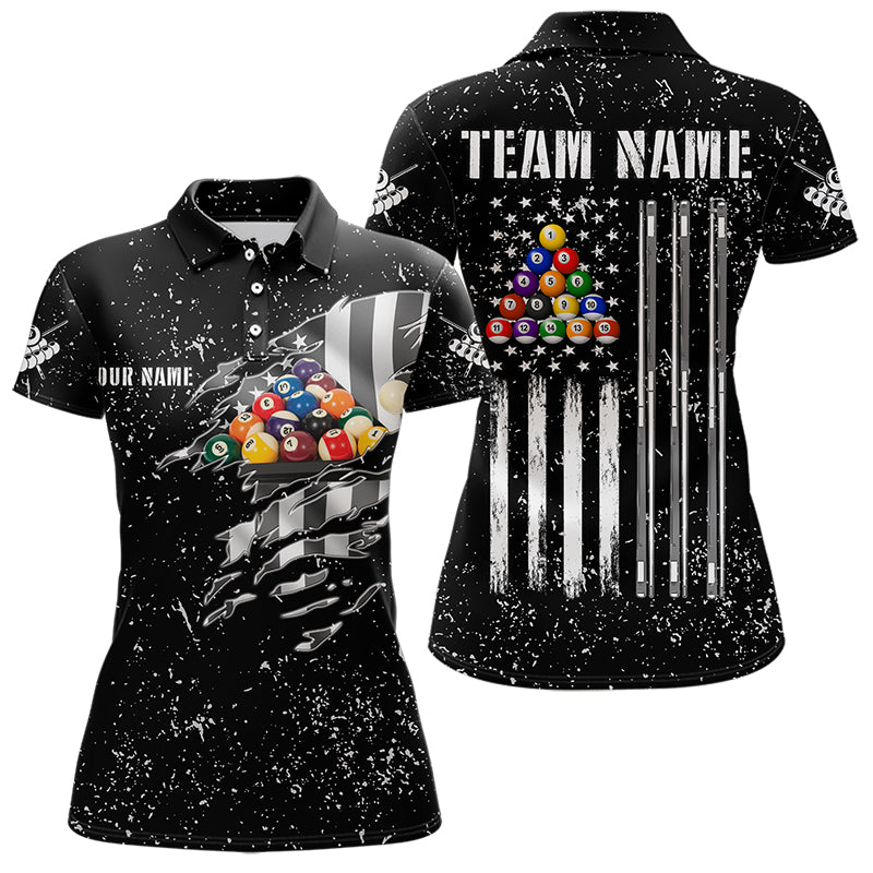 Personalized Black Grunge US Flag Billiard Balls Polo, 1/4 Zip For Women, 8 Ball Pool Billiard Jersey TDM3573