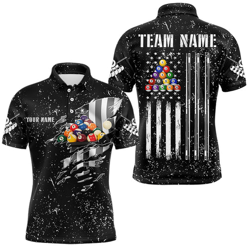 Personalized Black Grunge US Flag Billiard Balls Polo, 1/4 Zip For Men, 8 Ball Pool Billiard Jersey TDM3573