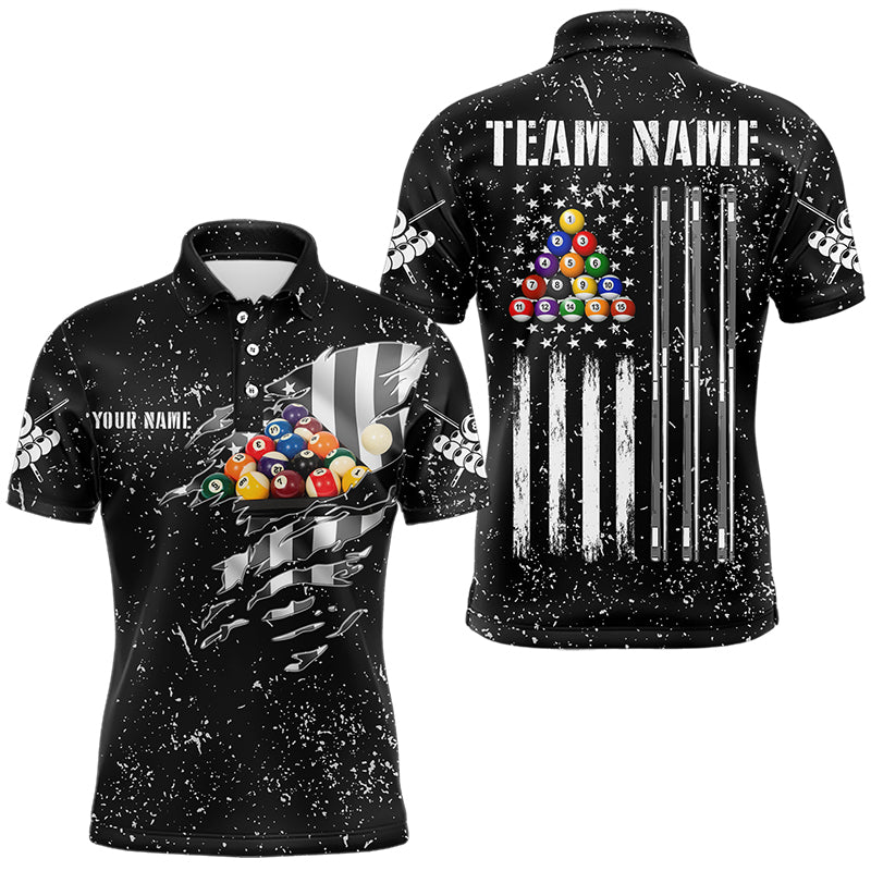 Personalized Black Grunge US Flag Billiard Balls Polo, 1/4 Zip For Men, 8 Ball Pool Billiard Jersey TDM3573