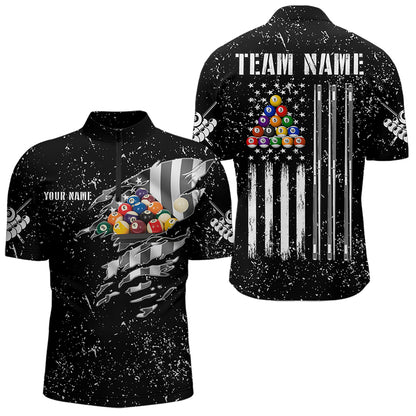 Personalized Black Grunge US Flag Billiard Balls Polo, 1/4 Zip For Men, 8 Ball Pool Billiard Jersey TDM3573