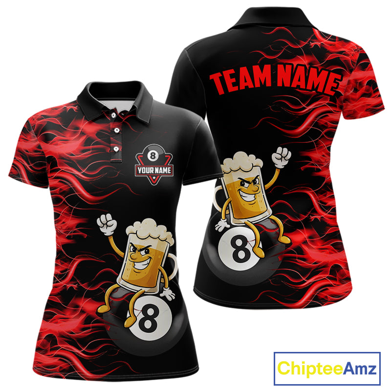 Red Flaming Funny Beer 8 Ball Billiard Shirt For Women Custom Pool Team Jersey Polo & 1/4 Zip TDM5936