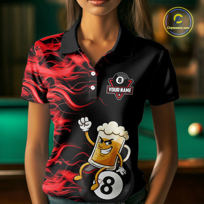 Red Flaming Funny Beer 8 Ball Billiard Shirt For Women Custom Pool Team Jersey Polo & 1/4 Zip TDM5936