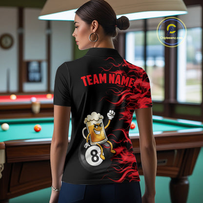 Red Flaming Funny Beer 8 Ball Billiard Shirt For Women Custom Pool Team Jersey Polo & 1/4 Zip TDM5936