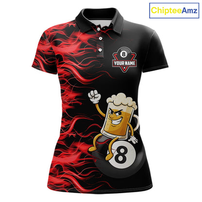 Red Flaming Funny Beer 8 Ball Billiard Shirt For Women Custom Pool Team Jersey Polo & 1/4 Zip TDM5936