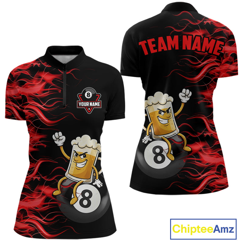 Red Flaming Funny Beer 8 Ball Billiard Shirt For Women Custom Pool Team Jersey Polo & 1/4 Zip TDM5936