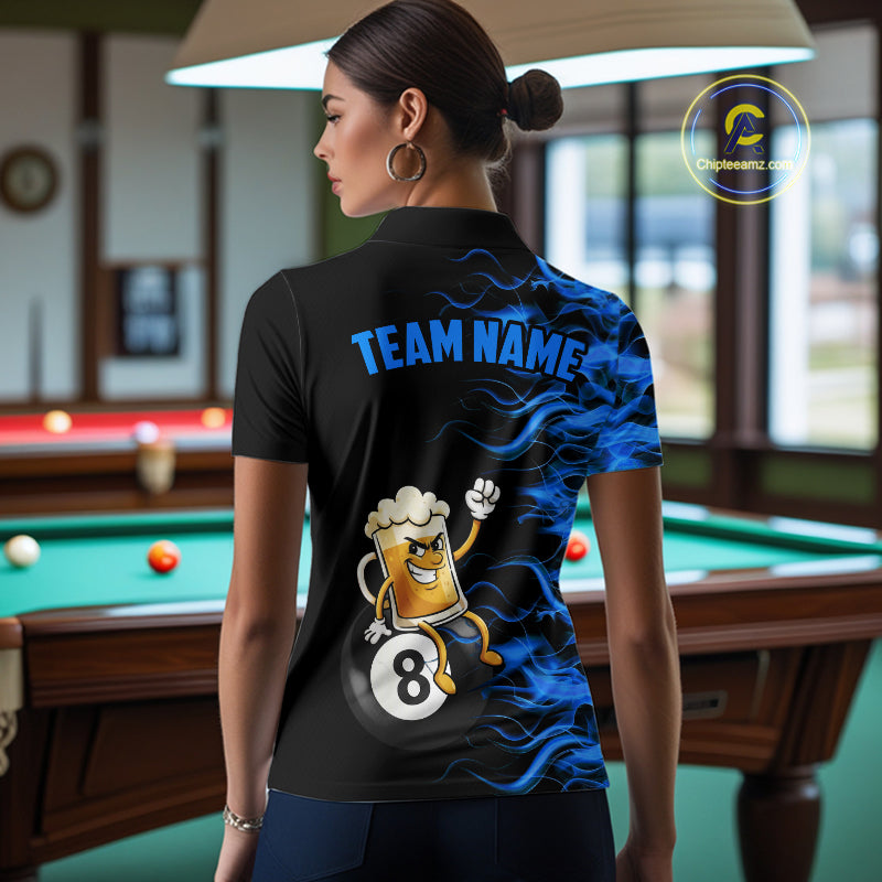 Blue Flaming Funny Beer 8 Ball Billiard Shirt For Women Custom Pool Team Jersey Polo & 1/4 Zip TDM5937