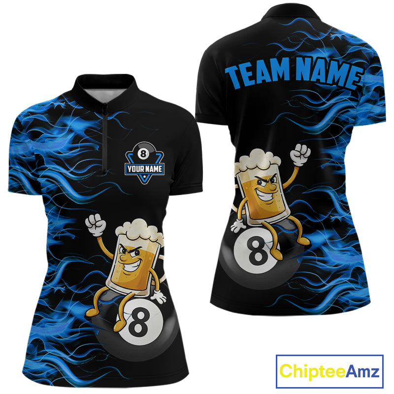 Blue Flaming Funny Beer 8 Ball Billiard Shirt For Women Custom Pool Team Jersey Polo & 1/4 Zip TDM5937