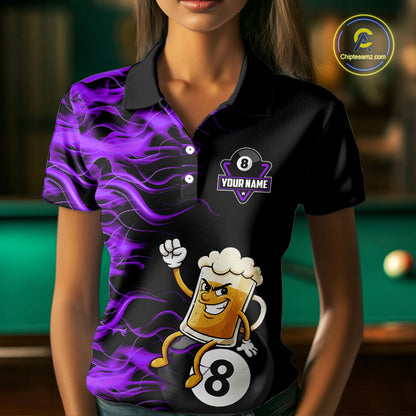 Purple Flaming Funny Beer 8 Ball Billiard Shirt For Women Custom Pool Team Jersey Polo & 1/4 Zip TDM5938