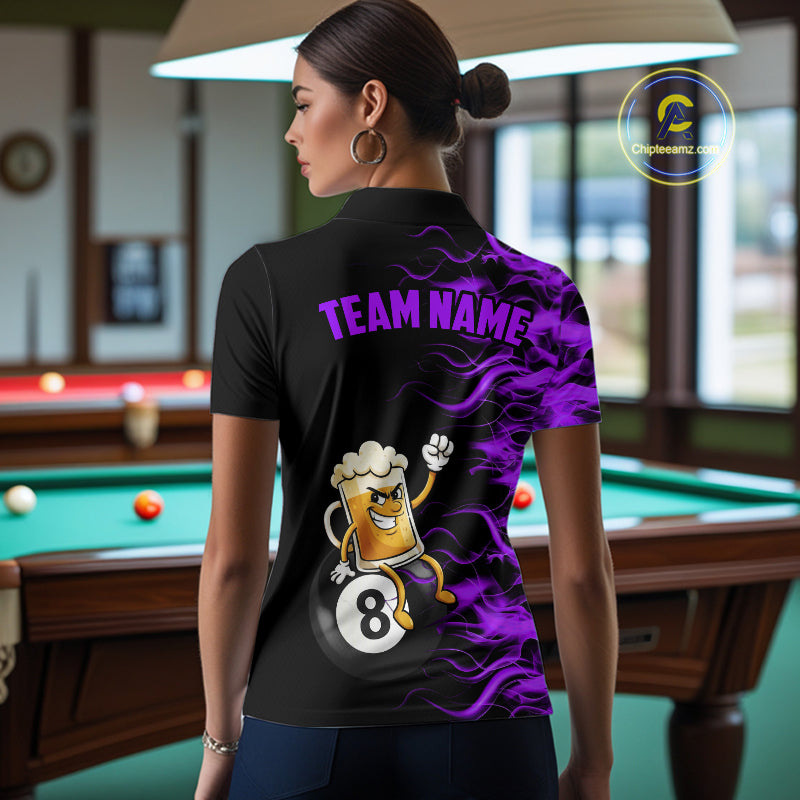 Purple Flaming Funny Beer 8 Ball Billiard Shirt For Women Custom Pool Team Jersey Polo & 1/4 Zip TDM5938