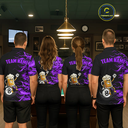 Purple Flaming Funny Beer 8 Ball Billiard Shirt For Men Custom Pool Team Jersey Polo & 1/4 Zip TDM5938