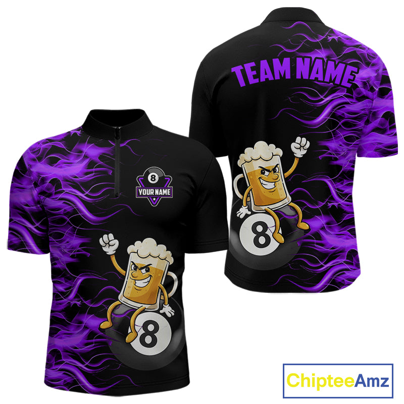 Purple Flaming Funny Beer 8 Ball Billiard Shirt For Men Custom Pool Team Jersey Polo & 1/4 Zip TDM5938