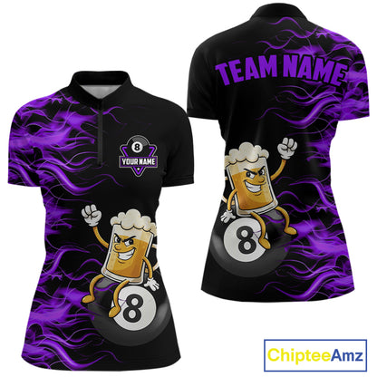 Purple Flaming Funny Beer 8 Ball Billiard Shirt For Women Custom Pool Team Jersey Polo & 1/4 Zip TDM5938