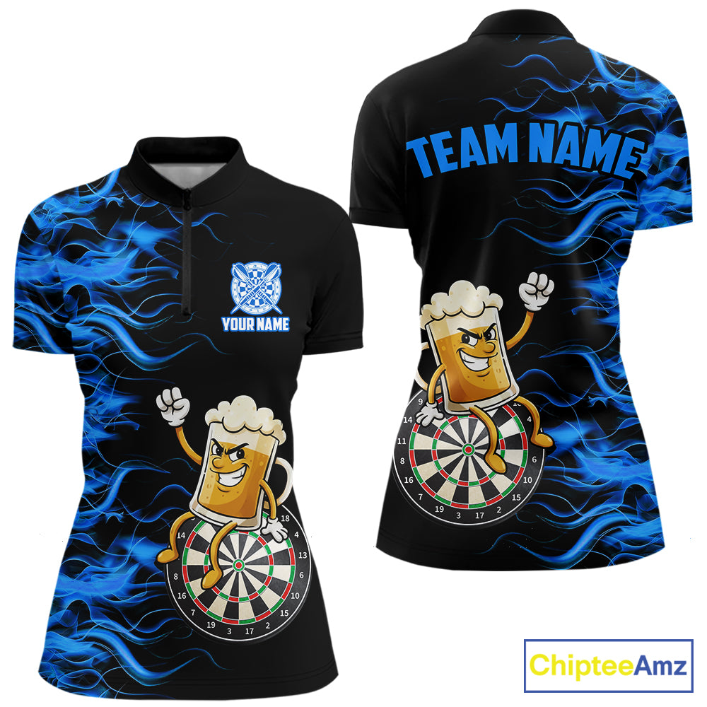 Blue Flaming Dartboard Funny Beer Darts Shirt For Women Custom Darts Jersey Team Polo & 1/4 Zip TDM5940