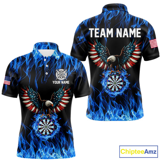 Blue Flaming American Flag Eagle Darts Shirt For Men Custom Darts Jersey Team Polo & 1/4 Zip TDM5941