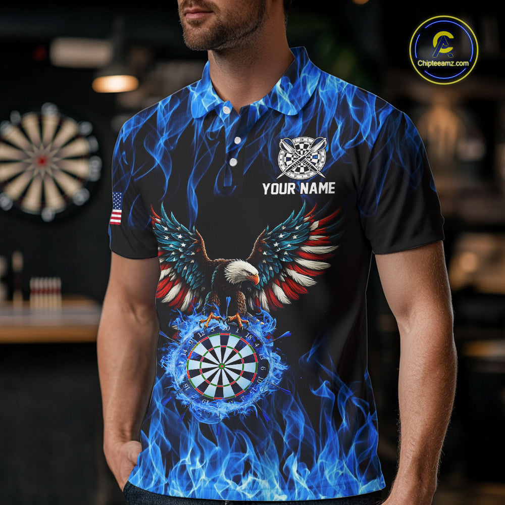 Blue Flaming American Flag Eagle Darts Shirt For Men Custom Darts Jersey Team Polo & 1/4 Zip TDM5941