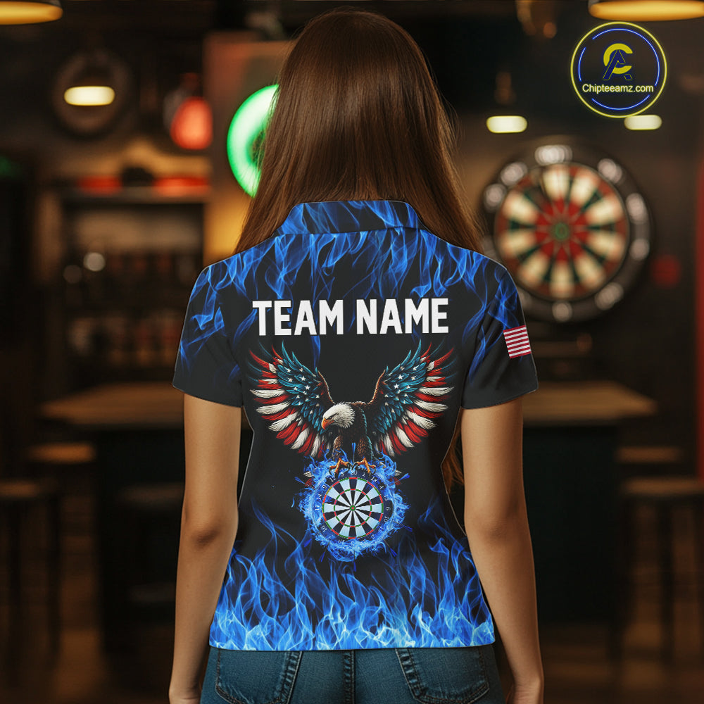 Blue Flaming American Flag Eagle Darts Shirt For Women Custom Darts Jersey Team Polo & 1/4 Zip TDM5941